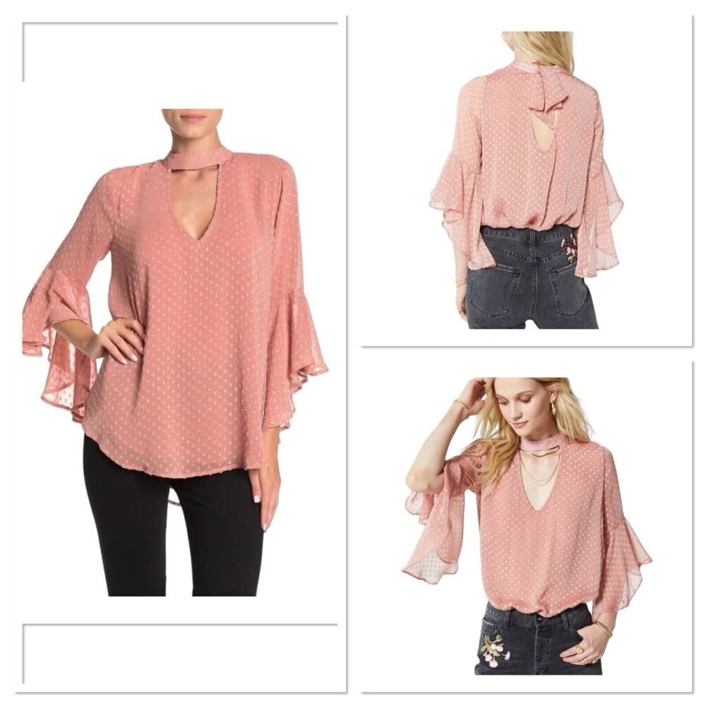 Band of Gypsies Blouse Women‎ XS Blush Pink V Neck Swiss Dot Bell Sleeves Boho